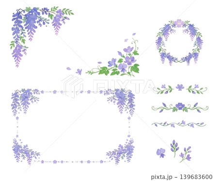 水彩 藤の花 フレームセット(背景透過)藤棚 スミレ  紫の花 イラスト 139683600