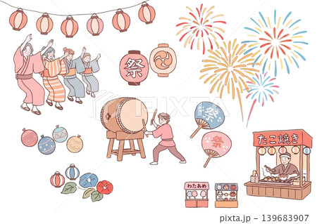 水彩　日本の夏祭りイラストセット(背景透過)　花火大会 139683907