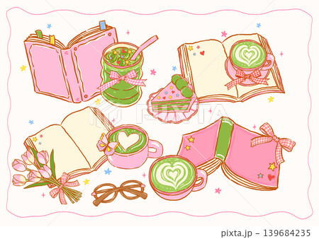 Coquette Whimsy Girly Matcha Latte and Book Bookish Whimsical Hand Drawn sketchy doodle set 139684235