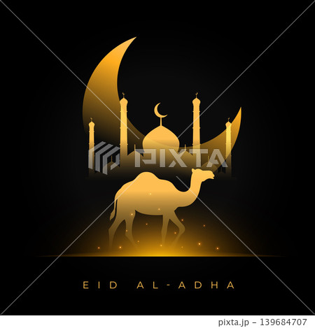 golden silhouette of mosque and camel for eid al adha celebration 139684707