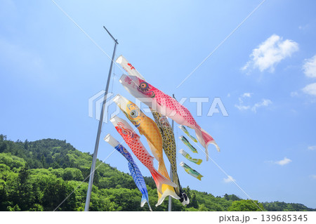 初夏の青空と里山に泳ぐ鯉のぼり 139685345