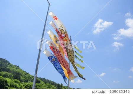 初夏の青空と里山に泳ぐ鯉のぼり 初夏の青空と里山に泳ぐ鯉のぼり 139685346