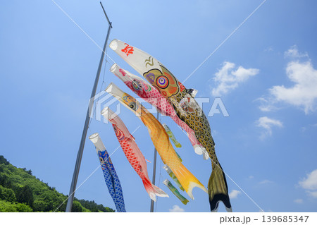 初夏の青空と里山に泳ぐ鯉のぼり 139685347