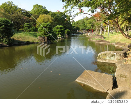 墨田区の隅田公園にある日本庭園のひょうたん池 墨田区の隅田公園にある日本庭園のひょうたん池 139685880