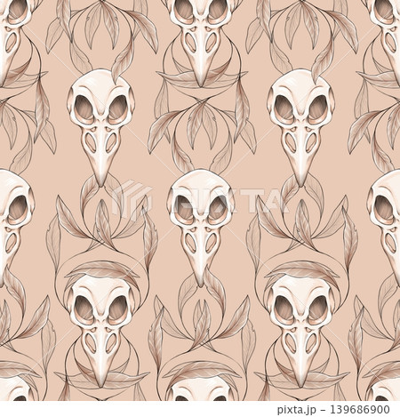 Seamless pattern featuring hand-drawn bird skulls and elegant leaves on a light beige background. Design has a gothic style and is perfect for mysterious or Halloween projects. Seamless pattern featuring hand-drawn bird skulls and elegant leaves on a light beige background. Design has a gothic style and is perfect for mysterious or Halloween projects. 139686900