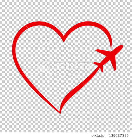 Abstract Red Hand Drawn Heart Shape Outline With Airplane Flying Through its Contour Abstract Red Hand Drawn Heart Shape Outline With Airplane Flying Through its Contour 139687553