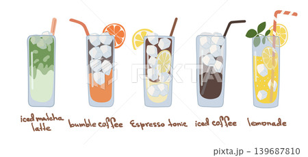 Summer Drinks Set. Matcha Coffee Lemonade Espresso 139687810