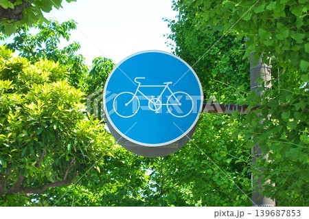 日本の道路標識「自転車専用通行帯」。自転車専用レーンを示し、安全確保と正しい通行を促す規制標識。 日本の道路標識「自転車専用通行帯」。自転車専用レーンを示し、安全確保と正しい通行を促す規制標識。 139687853