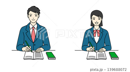 教科書とノートを広げてテスト勉強をする高校生男女 教科書とノートを広げてテスト勉強をする高校生男女 139688072