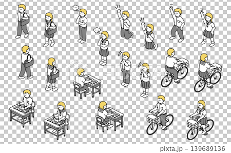 Isometric illustration: A set of middle school boys and girls in various poses (summer uniforms) Isometric illustration: A set of middle school boys and girls in various poses (summer uniforms) 139689136