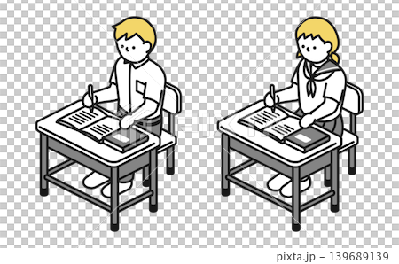 等距插圖:中學男生女生(夏季制服)在課桌前學習。 等距插圖:中學男生女生(夏季制服)在課桌前學習。 139689139