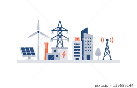 電力・通信インフライラストセット 再生可能エネルギーと都市設備 電力・通信インフライラストセット 再生可能エネルギーと都市設備 139689144