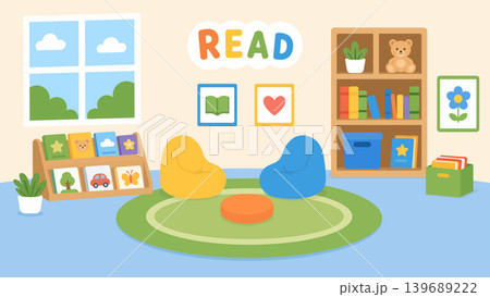 Kids reading corner, empty literacy center in kindergarten with bookshelves and bean bags, flat vector illustration Kids reading corner, empty literacy center in kindergarten with bookshelves and bean bags, flat vector illustration 139689222
