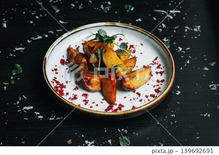 Delicious roasted potatoes with fresh herbs and red seasoning on dark backdrop Delicious roasted potatoes with fresh herbs and red seasoning on dark backdrop 139692691