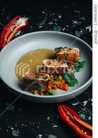 Delicious meal with fresh garnishes and elegant plating 139692693