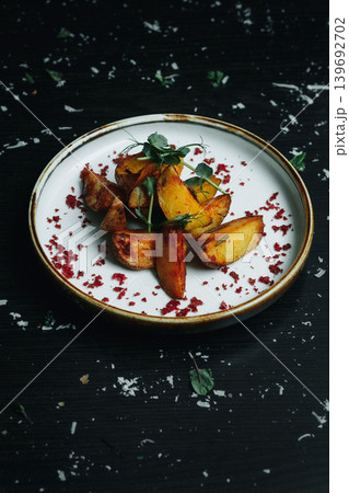Deliciously crispy roasted potato dish on rustic ceramic plate Deliciously crispy roasted potato dish on rustic ceramic plate 139692702