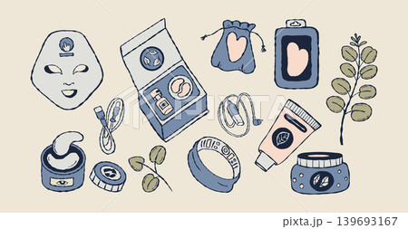 Tech Wellness and Biohacking Gadgets Set. LED Face Mask, Smart Ring, Reusable Eye Patches, Heart-shaped Gua Sha Stone and Serum Tube. Modern Self Care Rituals. Vector Illustration. Isolated Hand Drawn Tech Wellness and Biohacking Gadgets Set. LED Face Mask, Smart Ring, Reusable Eye Patches, Heart-shaped Gua Sha Stone and Serum Tube. Modern Self Care Rituals. Vector Illustration. Isolated Hand Drawn 139693167