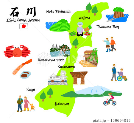 石川県旅行、手描きの観光スポットと観光客フラットイラスト 139694013