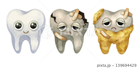 Watercolor hand-drawn set of teeth cartoon characters showing healthy tooth, dental caries and cracked with bandages, and decayed with tartar. Ideal for dental health education, dentistry, and oral Watercolor hand-drawn set of teeth cartoon characters showing healthy tooth, dental caries and cracked with bandages, and decayed with tartar. Ideal for dental health education, dentistry, and oral 139694429