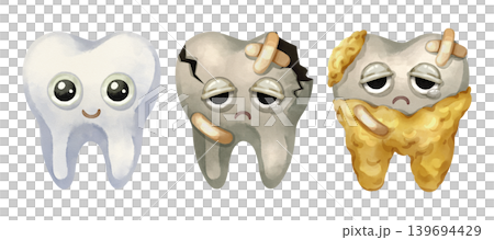 Watercolor hand-drawn set of teeth cartoon characters showing healthy tooth, dental caries and cracked with bandages, and decayed with tartar. Ideal for dental health education, dentistry, and oral Watercolor hand-drawn set of teeth cartoon characters showing healthy tooth, dental caries and cracked with bandages, and decayed with tartar. Ideal for dental health education, dentistry, and oral 139694429