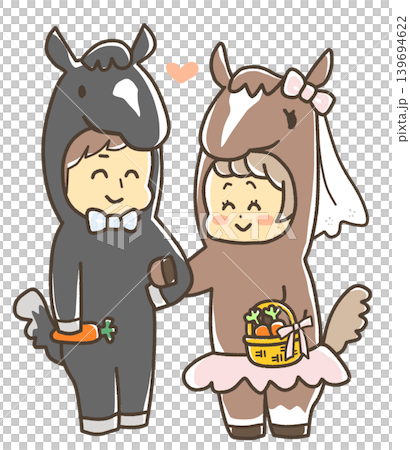 一場以馬為主題的婚禮,賓客們穿著馬匹服裝——一場賽馬主題婚禮 一場以馬為主題的婚禮,賓客們穿著馬匹服裝——一場賽馬主題婚禮 139694622