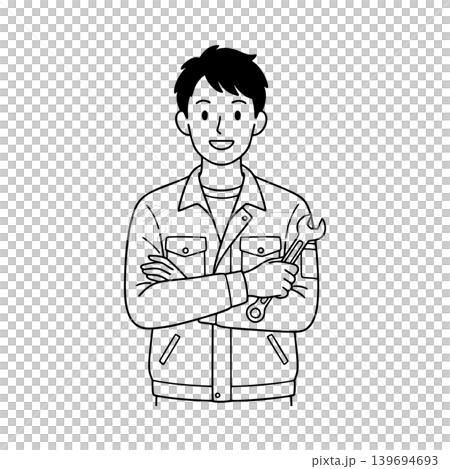 Line drawing illustration of a male mechanic Line drawing illustration of a male mechanic 139694693