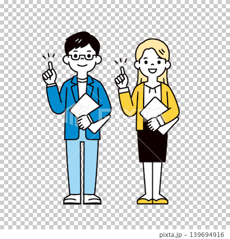 A set of full-body vector illustrations of a young male and female employee holding laptops and explaining key points. A set of full-body vector illustrations of a young male and female employee holding laptops and explaining key points. 139694916