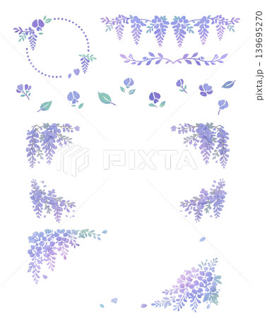 水彩 藤の花 フレームセットB(背景透過)藤棚 スミレ 紫の花 イラスト 139695270