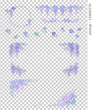 水彩 藤の花 フレームセットB(背景透過)藤棚 スミレ 紫の花 イラスト 139695270