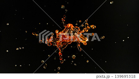 Dramatic liquid splash of oil or gasoline isolated on a black background. Ideal as a realistic VFX overlay effect for cinematic compositing, advertising and action visuals. Dramatic liquid splash of oil or gasoline isolated on a black background. Ideal as a realistic VFX overlay effect for cinematic compositing, advertising and action visuals. 139695318
