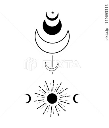 Black and white vector illustration of moon phases above a radiant sun in vertical composition. Minimal celestial design for tattoo, print, poster, or logo. Black and white vector illustration of moon phases above a radiant sun in vertical composition. Minimal celestial design for tattoo, print, poster, or logo. 139695518