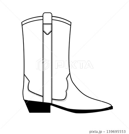 Outline vector illustration of tall western cowboy boot with strap and decorative stitching. Classic country footwear isolated on white background. Outline vector illustration of tall western cowboy boot with strap and decorative stitching. Classic country footwear isolated on white background. 139695553