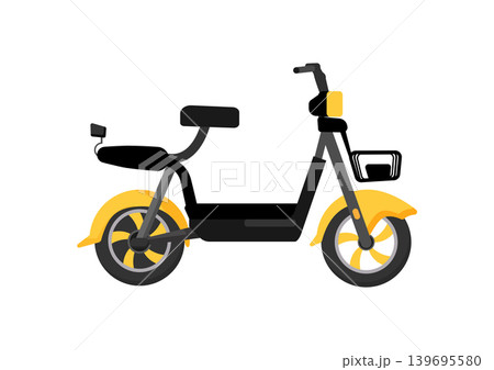 Cartoon vector illustration of a yellow and black scooter with basket and mirrors, isolated on a white background for urban transport design. 139695580