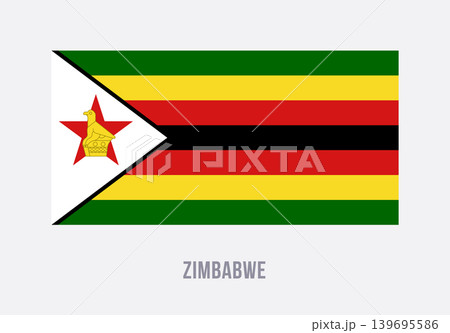 Flat vector illustration of the Zimbabwe national flag with colored stripes, white triangle, red star, and bird emblem for country symbol design. Flat vector illustration of the Zimbabwe national flag with colored stripes, white triangle, red star, and bird emblem for country symbol design. 139695586