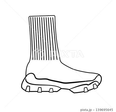 Line outline illustration of sock style sneakers with knitted ankle collar and thick sole. Vector illustration of modern sport footwear isolated on a white background. Line outline illustration of sock style sneakers with knitted ankle collar and thick sole. Vector illustration of modern sport footwear isolated on a white background. 139695645