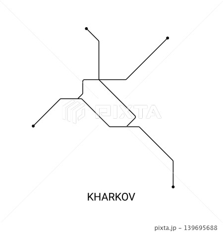 Minimal black and white vector illustration of an approximate Kharkov metro map with clean transit lines and station dots. Minimal black and white vector illustration of an approximate Kharkov metro map with clean transit lines and station dots. 139695688