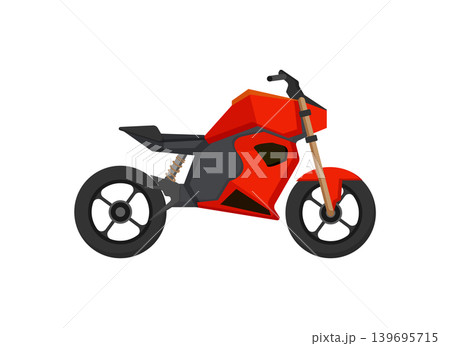 Cartoon vector illustration of a red sport motorcycle with angular body and black wheels, isolated on a white background for vehicle design. Cartoon vector illustration of a red sport motorcycle with angular body and black wheels, isolated on a white background for vehicle design. 139695715