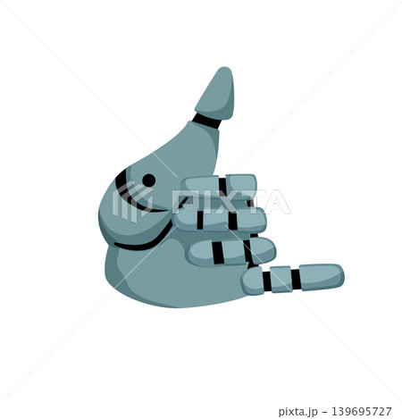Vector illustration of a robotic hand making a shaka gesture. Flat mechanical symbol for greeting, surfing, chill mood, or friendly communication. Vector illustration of a robotic hand making a shaka gesture. Flat mechanical symbol for greeting, surfing, chill mood, or friendly communication. 139695727