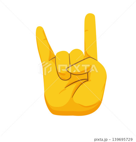 Flat vector illustration of a yellow hand showing a rock gesture with raised index finger and little finger. Symbol for music, fandom, energy, or expression. Flat vector illustration of a yellow hand showing a rock gesture with raised index finger and little finger. Symbol for music, fandom, energy, or expression. 139695729