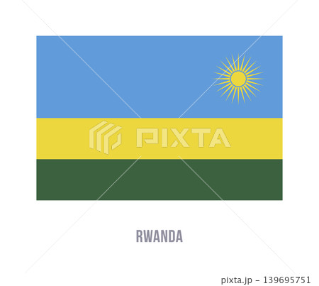 Flat vector illustration of the national flag of Rwanda with yellow sun and horizontal stripes isolated on a white background. 139695751