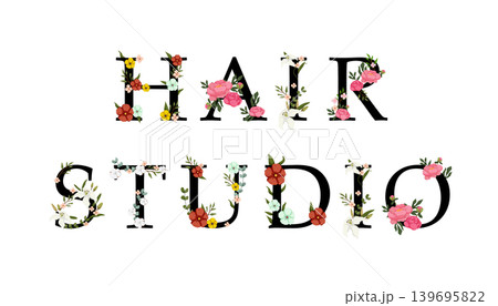 Hair studio vector with floral decorative lettering design. 139695822