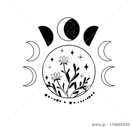 Black and white vector illustration of moon phases with flowers, stars, and a circular botanical composition. Mystical celestial design for tattoo or print. Black and white vector illustration of moon phases with flowers, stars, and a circular botanical composition. Mystical celestial design for tattoo or print. 139695830