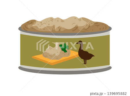Cartoon vector illustration of goose pate can isolated on a white background for canned meat product design. Cartoon vector illustration of goose pate can isolated on a white background for canned meat product design. 139695882