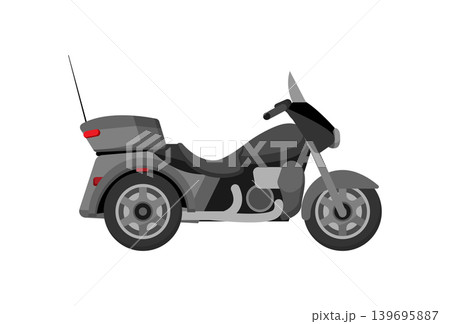 Cartoon vector illustration of a gray three wheel motorcycle with rear trunk and antenna, isolated on a white background for vehicle design. 139695887
