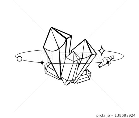 Black and white vector illustration of crystal clusters with an orbital ring and tiny planet. Minimal mystical space design for tattoo, print, poster, or logo. Black and white vector illustration of crystal clusters with an orbital ring and tiny planet. Minimal mystical space design for tattoo, print, poster, or logo. 139695924