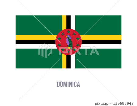 Flat vector illustration of the Dominica national flag with green field, striped cross, red circle, stars, and parrot for country symbol design. 139695948