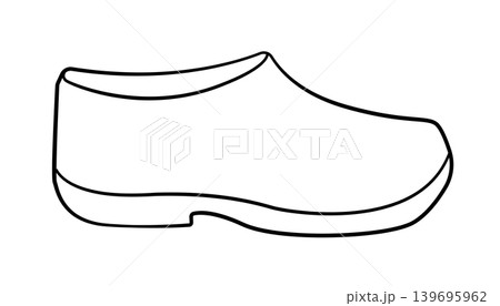 Outline vector illustration of traditional Dutch wooden clogs without laces. Classic slip on wooden footwear isolated on white background. Outline vector illustration of traditional Dutch wooden clogs without laces. Classic slip on wooden footwear isolated on white background. 139695962