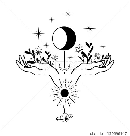 Black and white vector illustration of open hands with moon, sun, flowers, stars, and a small planet. Mystical celestial design for tattoo, print, or poster. 139696147