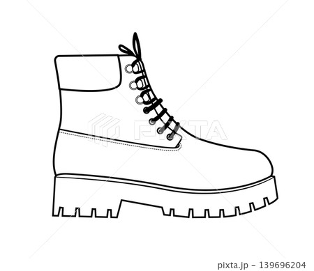 Line vector illustration of a classic lace up work boot with thick lug sole. Durable industrial footwear isolated on white background. Line vector illustration of a classic lace up work boot with thick lug sole. Durable industrial footwear isolated on white background. 139696204