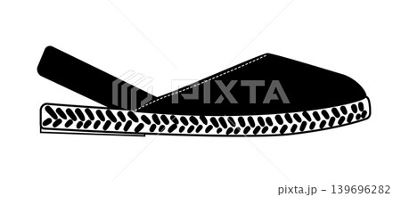 Black silhouette of abarca style espadrille sandal with slingback strap and textured sole. Vector illustration of summer footwear isolated on a white background. 139696282